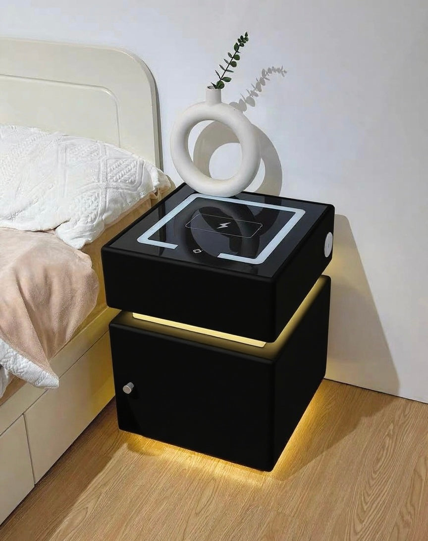 ✨Bedroom Light Luxury Multifunctional Wireless Charging Smart Bed Cabinet With Night Light Safety Deposit Box