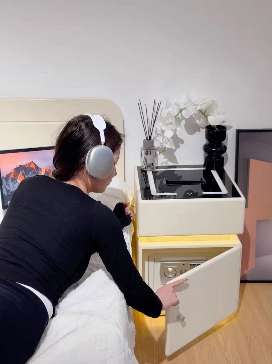 ✨Bedroom Light Luxury Multifunctional Wireless Charging Smart Bed Cabinet With Night Light Safety Deposit Box