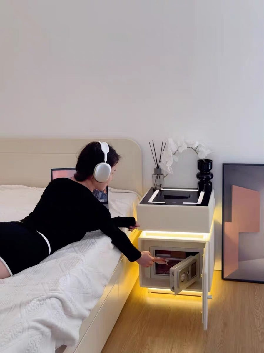 ✨Bedroom Light Luxury Multifunctional Wireless Charging Smart Bed Cabinet With Night Light Safety Deposit Box