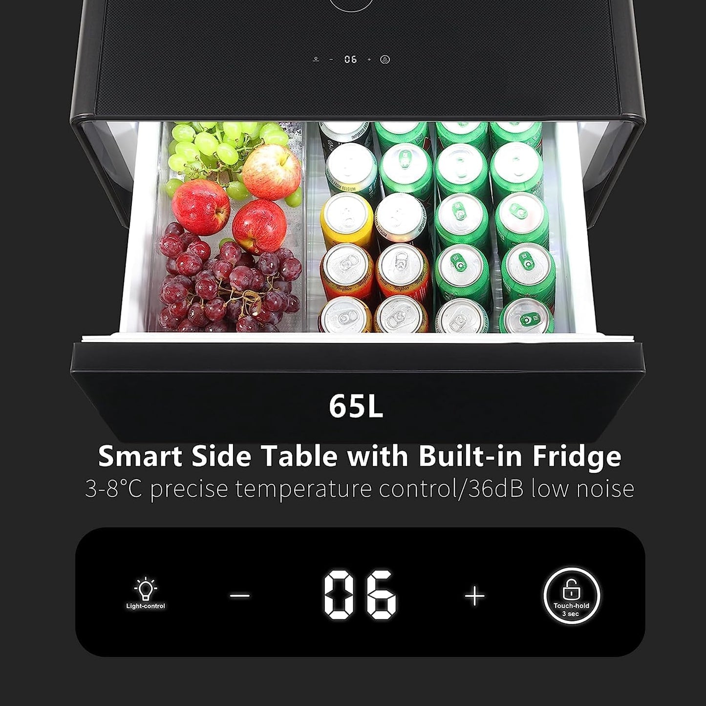Coffee table with refrigerator, smart sensor light