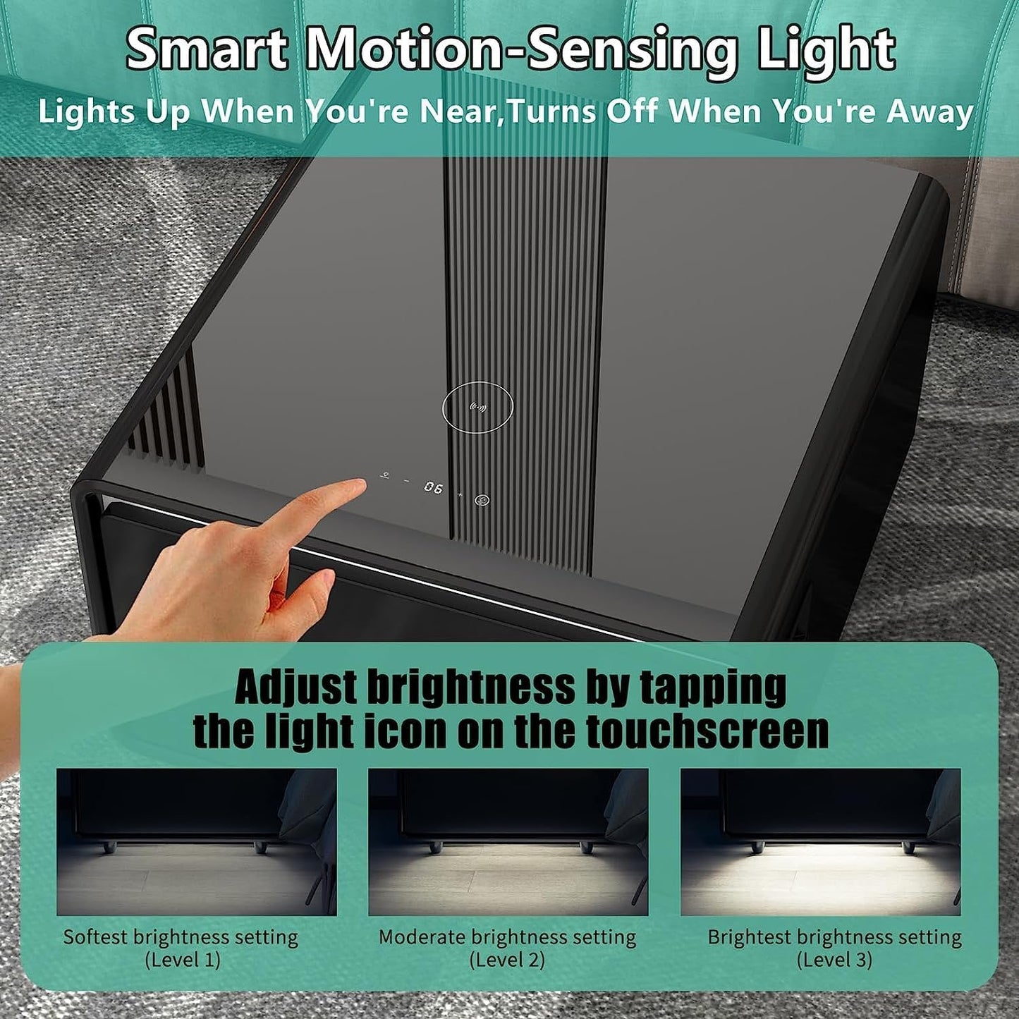 Coffee table with refrigerator, smart sensor light