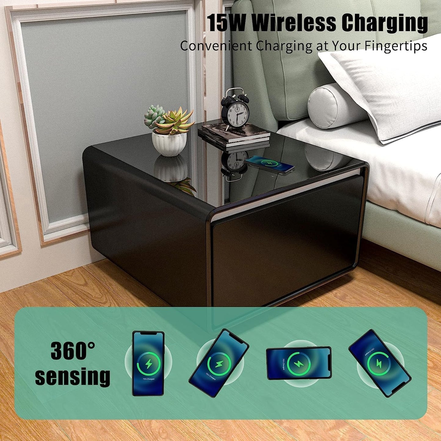 Coffee table with refrigerator, smart sensor light