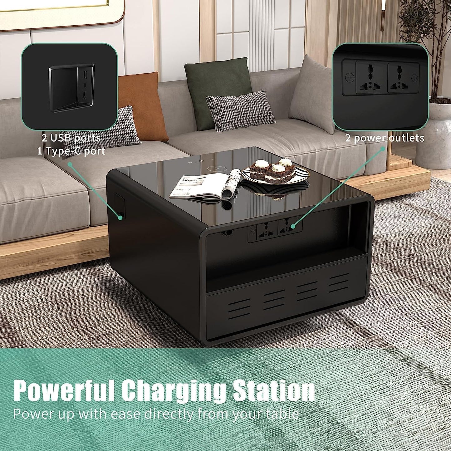 Coffee table with refrigerator, smart sensor light