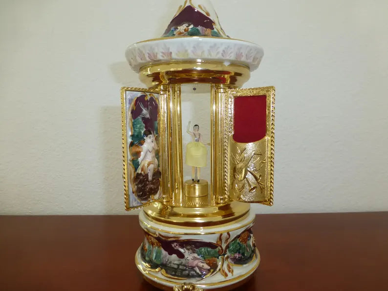 🎵Vintage Ballerina Music Box Carousel Stand Gold Foil and Porcelain Box