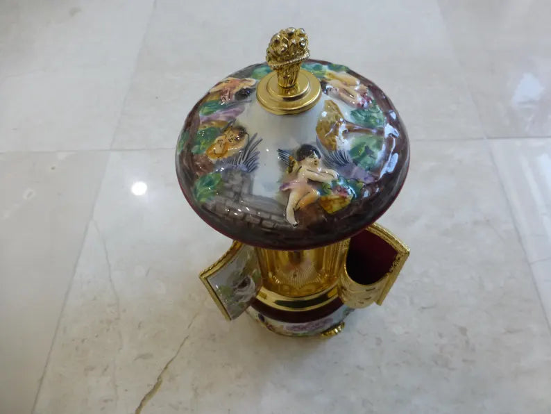 🎵Vintage Ballerina Music Box Carousel Stand Gold Foil and Porcelain Box