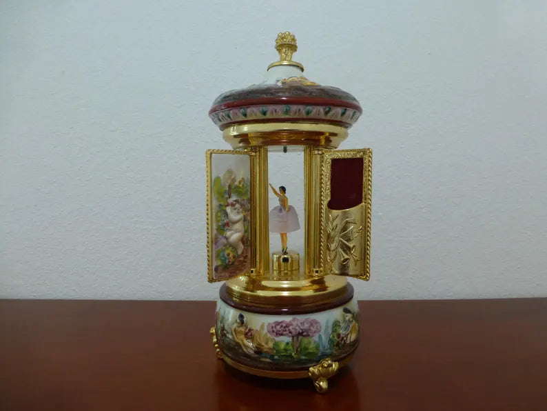 🎵Vintage Ballerina Music Box Carousel Stand Gold Foil and Porcelain Box