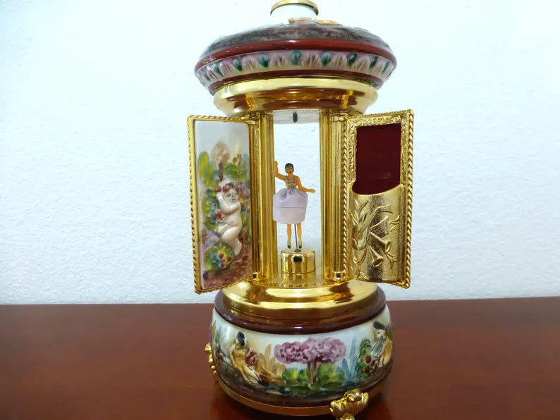 🎵Vintage Ballerina Music Box Carousel Stand Gold Foil and Porcelain Box