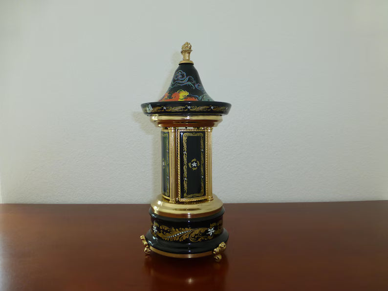 🎵Vintage Swiss Ballerina Music Box Carousel Lipstick Gold Foil Box