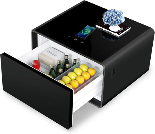Coffee table with refrigerator, smart sensor light