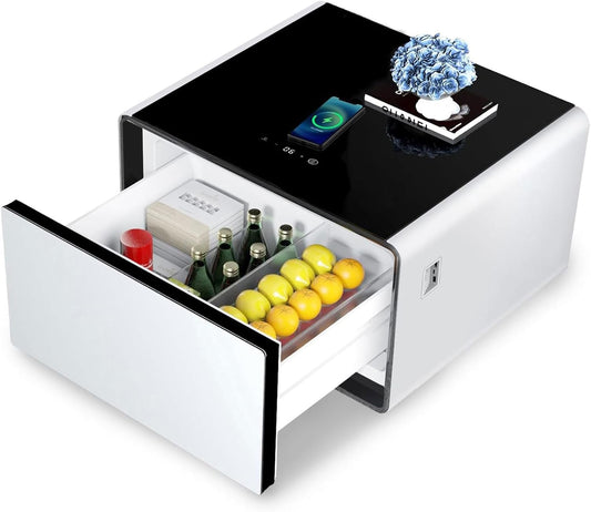 Coffee table with refrigerator, smart sensor light