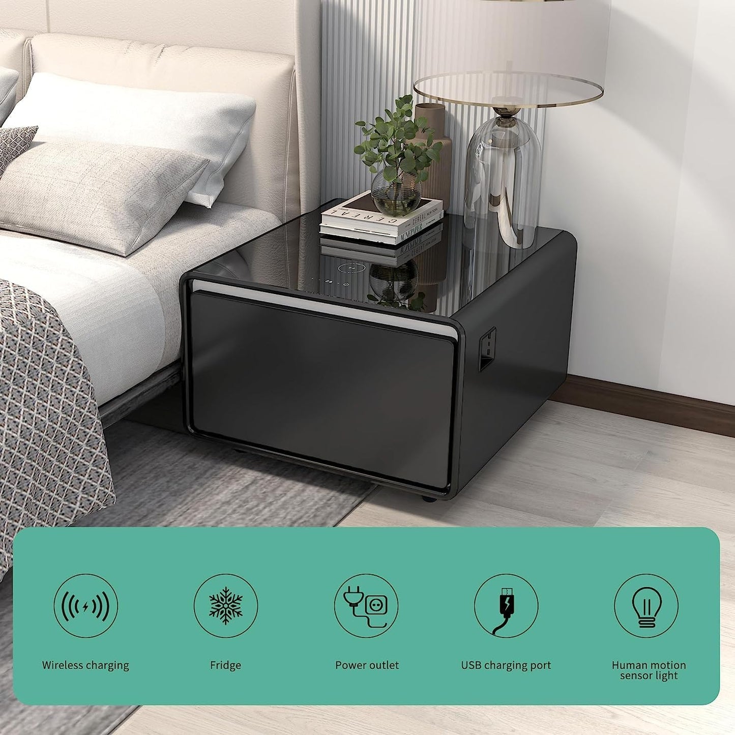 Coffee table with refrigerator, smart sensor light