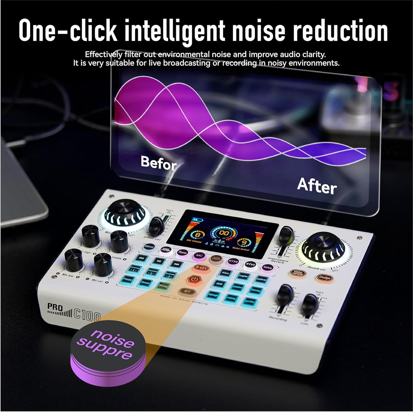 🎵Mixing Console Sound Card Microphone Kit - Smart Noise Cancellation, Voice Effects, Long-Lasting Battery, Cross-Platform