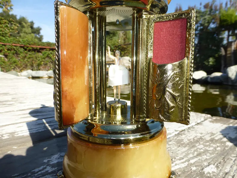 🎵Vintage Swiss Ballerina Music Box Carousel Cigarette Lipstick Holder Natural Italian Onyx Stone Box