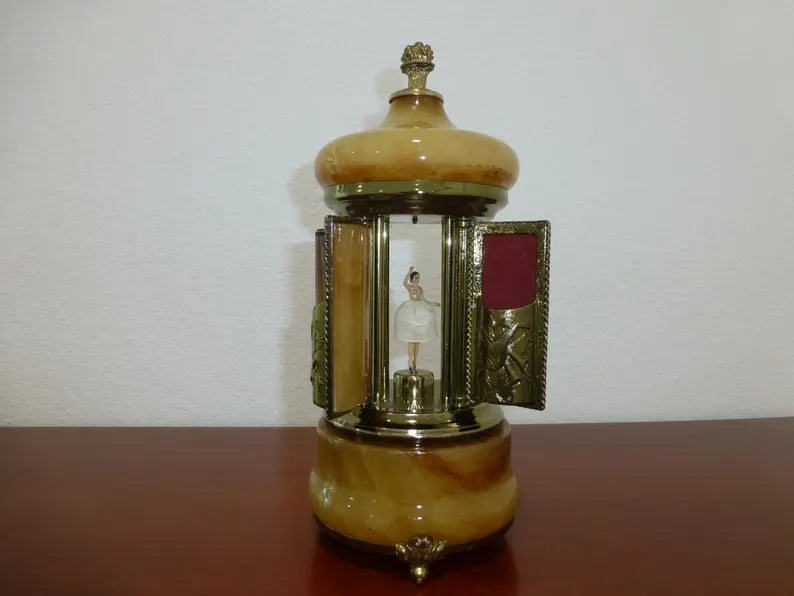 🎵Vintage Swiss Ballerina Music Box Carousel Cigarette Lipstick Holder Natural Italian Onyx Stone Box
