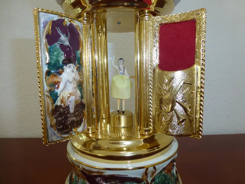 🎵Vintage Ballerina Music Box Carousel Stand Gold Foil and Porcelain Box