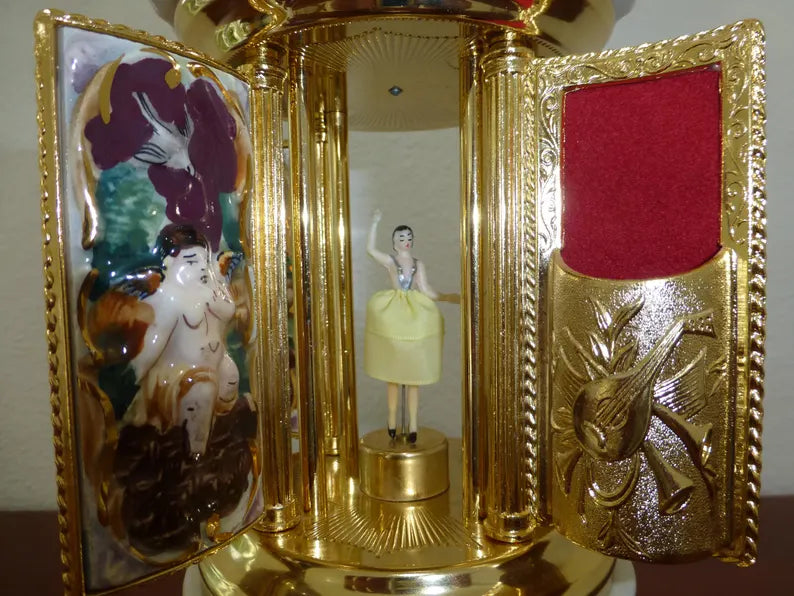 🎵Vintage Ballerina Music Box Carousel Stand Gold Foil and Porcelain Box