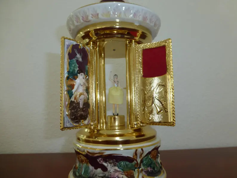 🎵Vintage Ballerina Music Box Carousel Stand Gold Foil and Porcelain Box