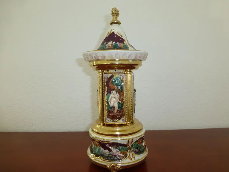 🎵Vintage Ballerina Music Box Carousel Stand Gold Foil and Porcelain Box