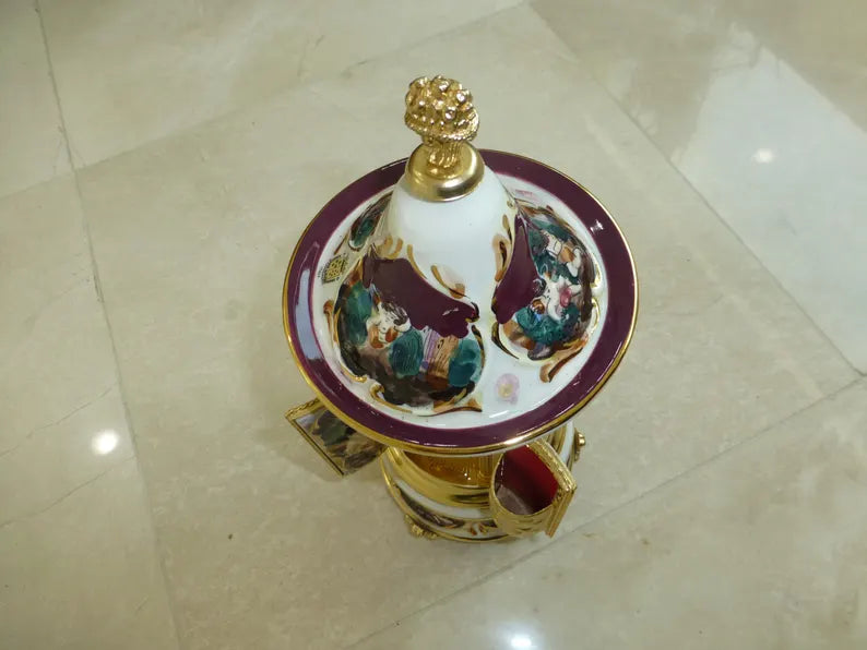 🎵Vintage Ballerina Music Box Carousel Stand Gold Foil and Porcelain Box