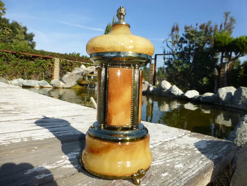 🎵Vintage Swiss Ballerina Music Box Carousel Cigarette Lipstick Holder Natural Italian Onyx Stone Box