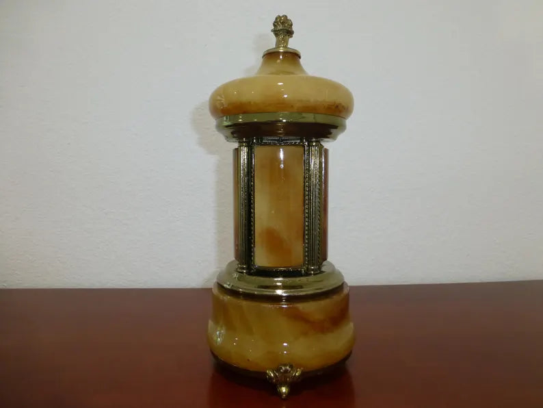 🎵Vintage Swiss Ballerina Music Box Carousel Cigarette Lipstick Holder Natural Italian Onyx Stone Box
