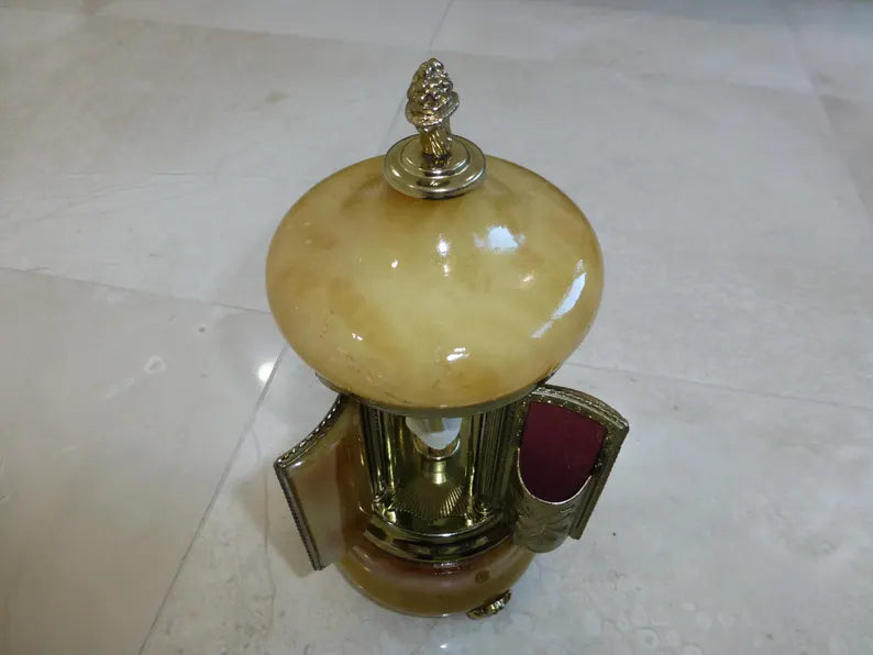 🎵Vintage Swiss Ballerina Music Box Carousel Cigarette Lipstick Holder Natural Italian Onyx Stone Box