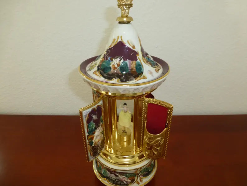🎵Vintage Ballerina Music Box Carousel Stand Gold Foil and Porcelain Box