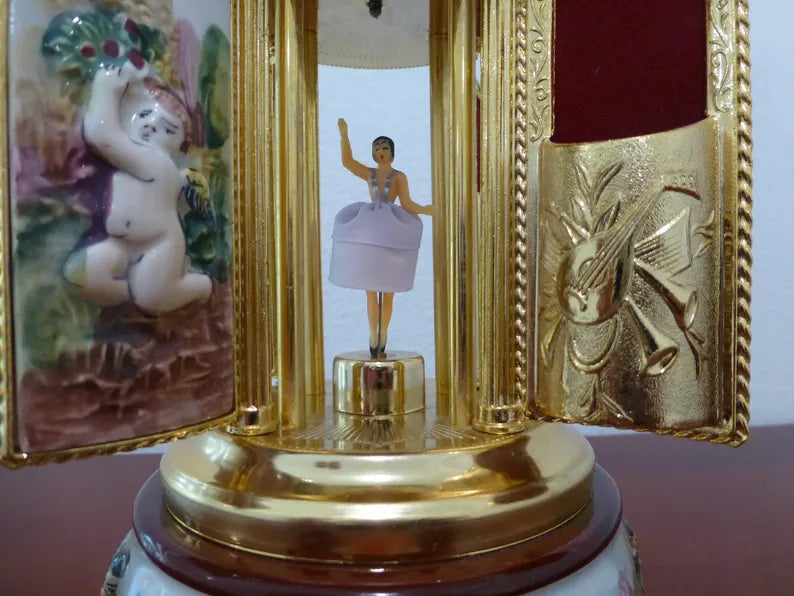🎵Vintage Ballerina Music Box Carousel Stand Gold Foil and Porcelain Box
