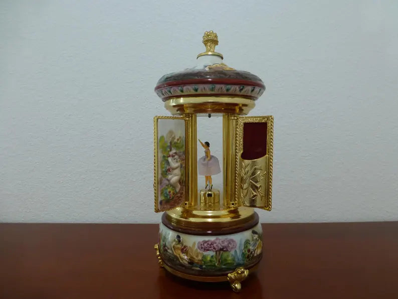 🎵Vintage Ballerina Music Box Carousel Stand Gold Foil and Porcelain Box