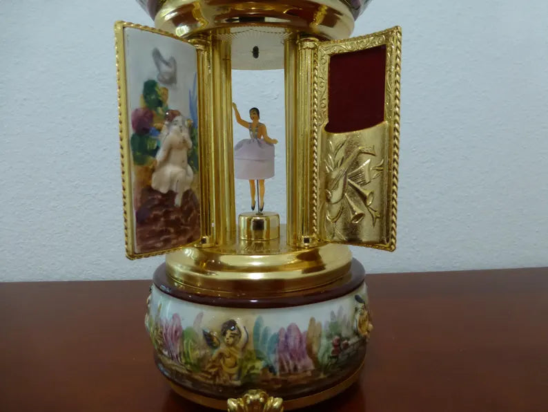 🎵Vintage Ballerina Music Box Carousel Stand Gold Foil and Porcelain Box