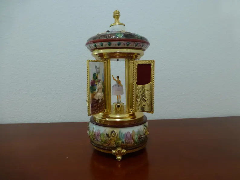 🎵Vintage Ballerina Music Box Carousel Stand Gold Foil and Porcelain Box