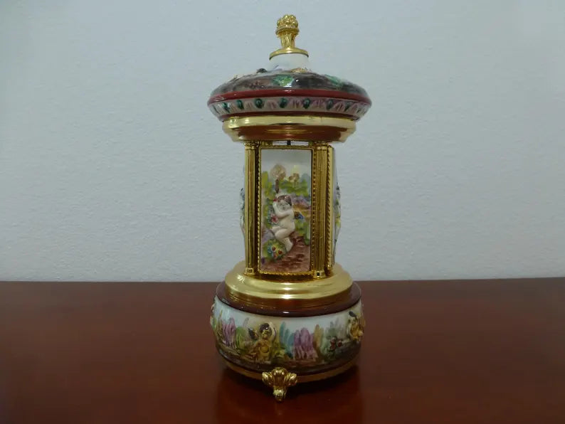 🎵Vintage Ballerina Music Box Carousel Stand Gold Foil and Porcelain Box