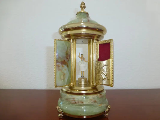 🎵Vintage Swiss Ballerina Music Box Carousel Cigarette Lipstick Holder Natural Italian Onyx Stone Box