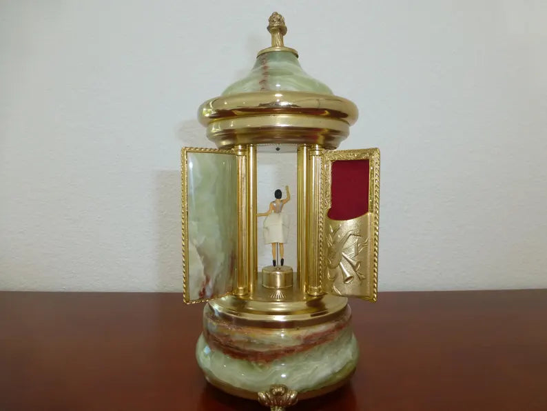 🎵Vintage Swiss Ballerina Music Box Carousel Cigarette Lipstick Holder Natural Italian Onyx Stone Box