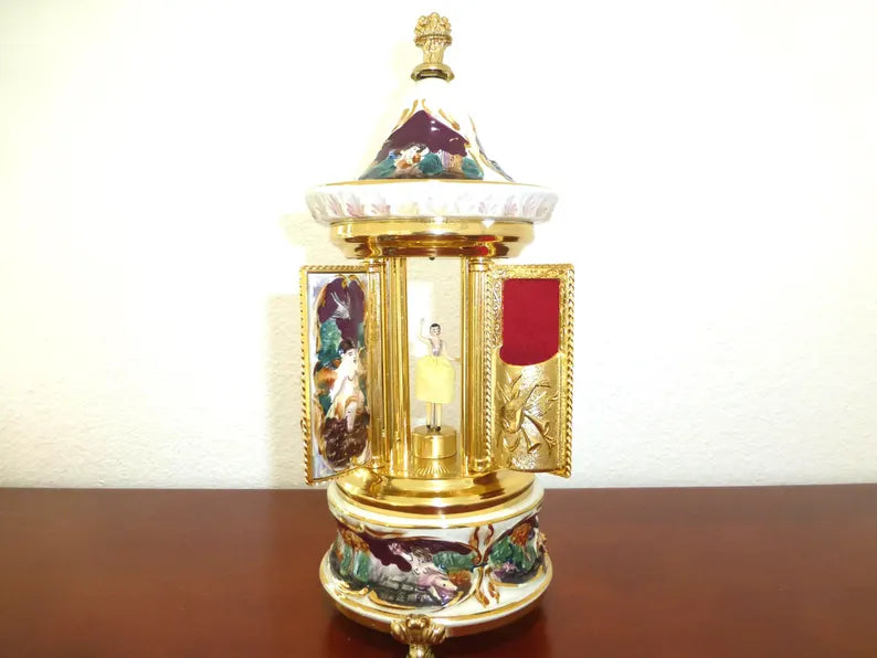 🎵Vintage Ballerina Music Box Carousel Stand Gold Foil and Porcelain Box