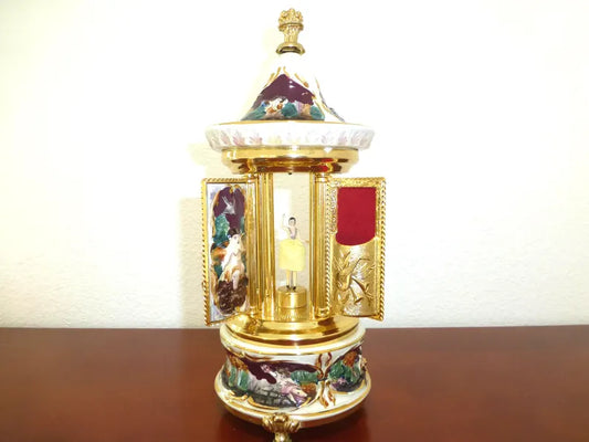 🎵Vintage Ballerina Music Box Carousel Stand Gold Foil and Porcelain Box