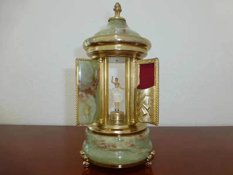 🎵Vintage Swiss Ballerina Music Box Carousel Cigarette Lipstick Holder Natural Italian Onyx Stone Box