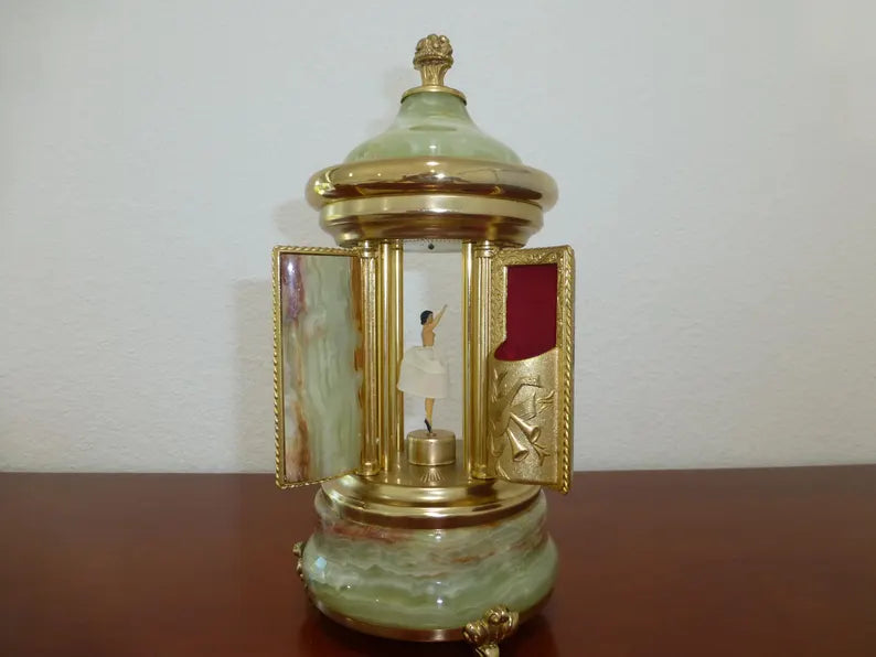 🎵Vintage Swiss Ballerina Music Box Carousel Cigarette Lipstick Holder Natural Italian Onyx Stone Box