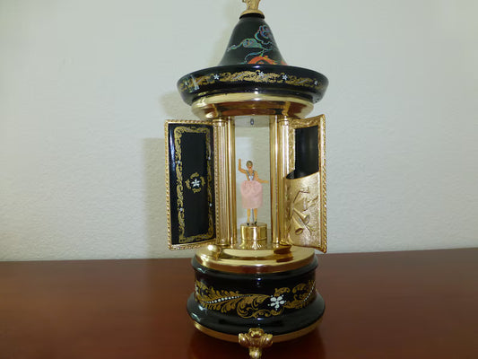 🎵Vintage Swiss Ballerina Music Box Carousel Lipstick Gold Foil Box
