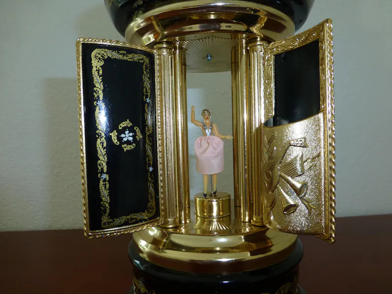 🎵Vintage Swiss Ballerina Music Box Carousel Lipstick Gold Foil Box