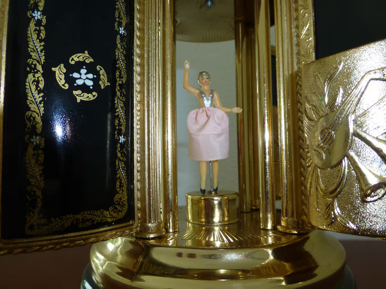🎵Vintage Swiss Ballerina Music Box Carousel Lipstick Gold Foil Box
