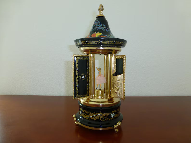 🎵Vintage Swiss Ballerina Music Box Carousel Lipstick Gold Foil Box